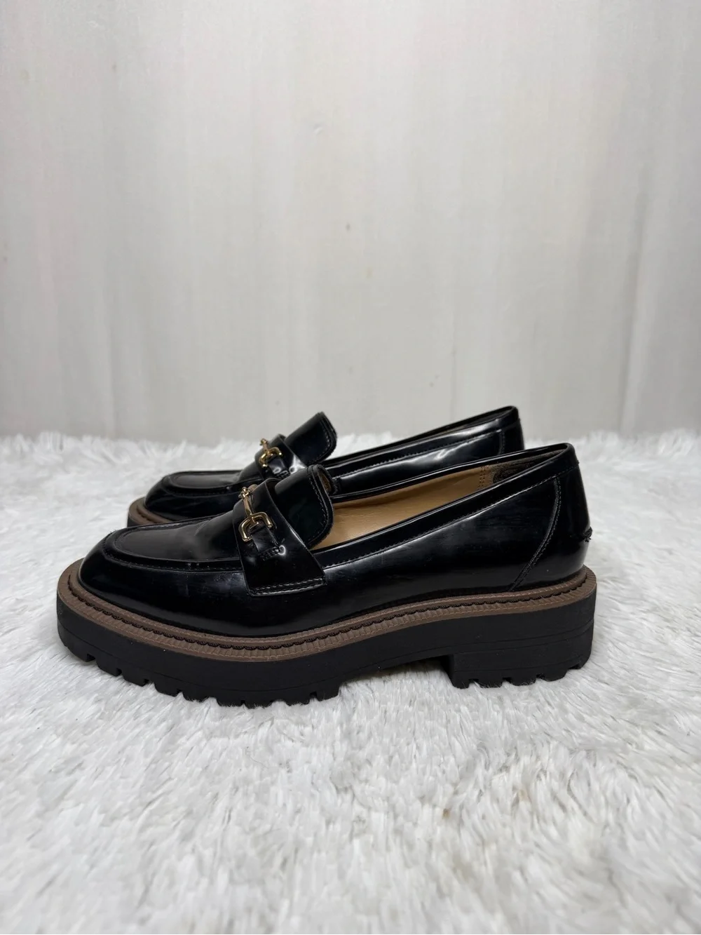 SAM EDELMAN / Laurs Chunky Black Patent Loafers Lug Sole Gold Horse Bit / 7.5